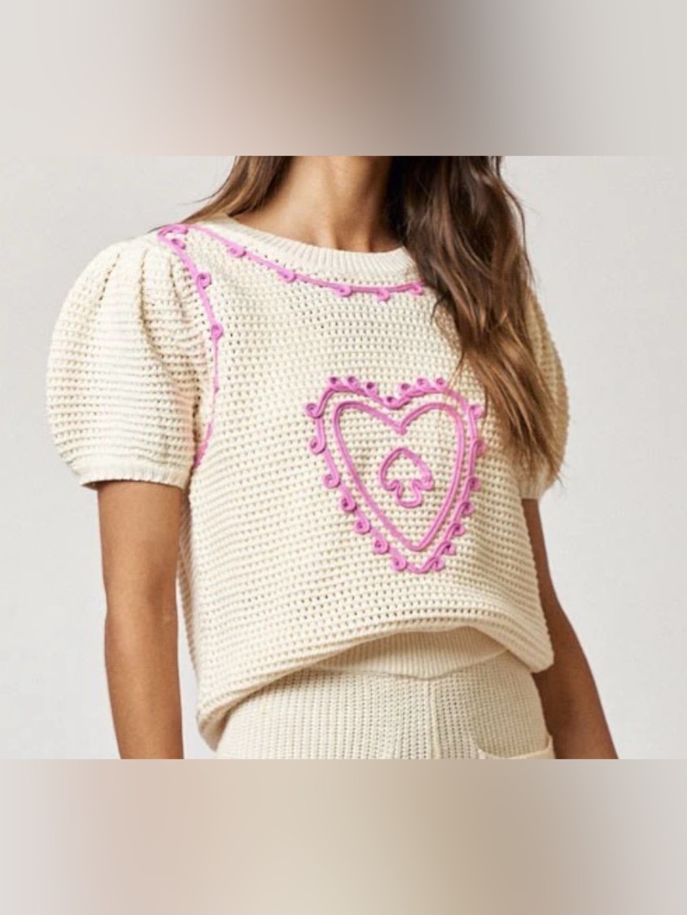 Summer Heart sweater size large knit short puff sleeve embroidered